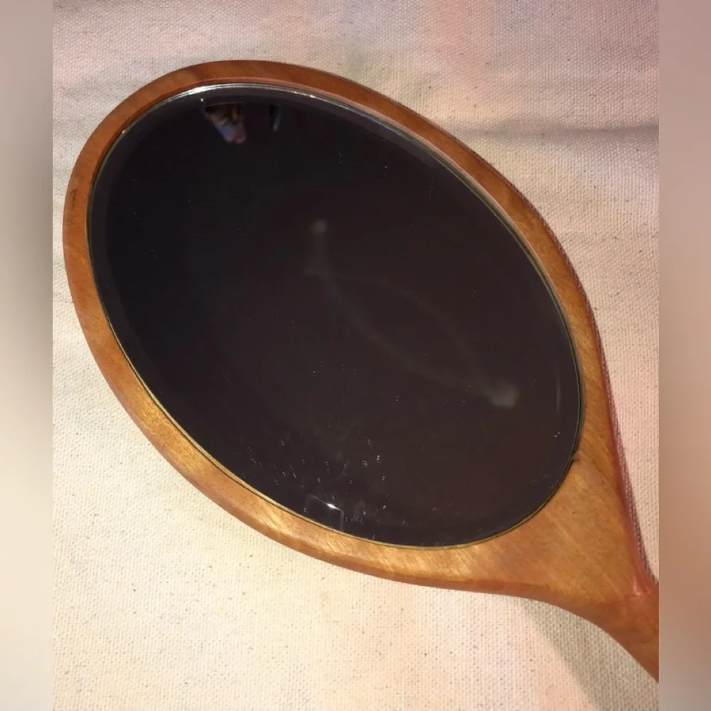 Wooden Oval Long Handled Hand Mirror 15.75” Long-Handcrafted/vintage 1980s